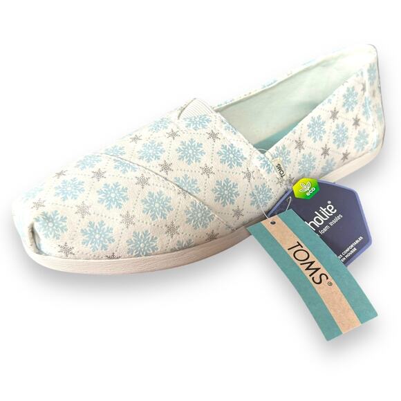 TOMS White Microsuede Snowflake Print Alpargata Flat Slip On Shoes Womens Size 9 - Picture 1 of 11